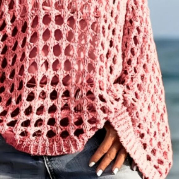 Pink Open-Knit Women's Sweater Crochet Long Sleeve Knit Cover Up Sz S M L XL - Picture 2 of 5